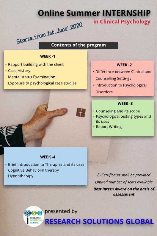 1st Online summer Internship in Clinical Psychology organized by Research Solutions Global